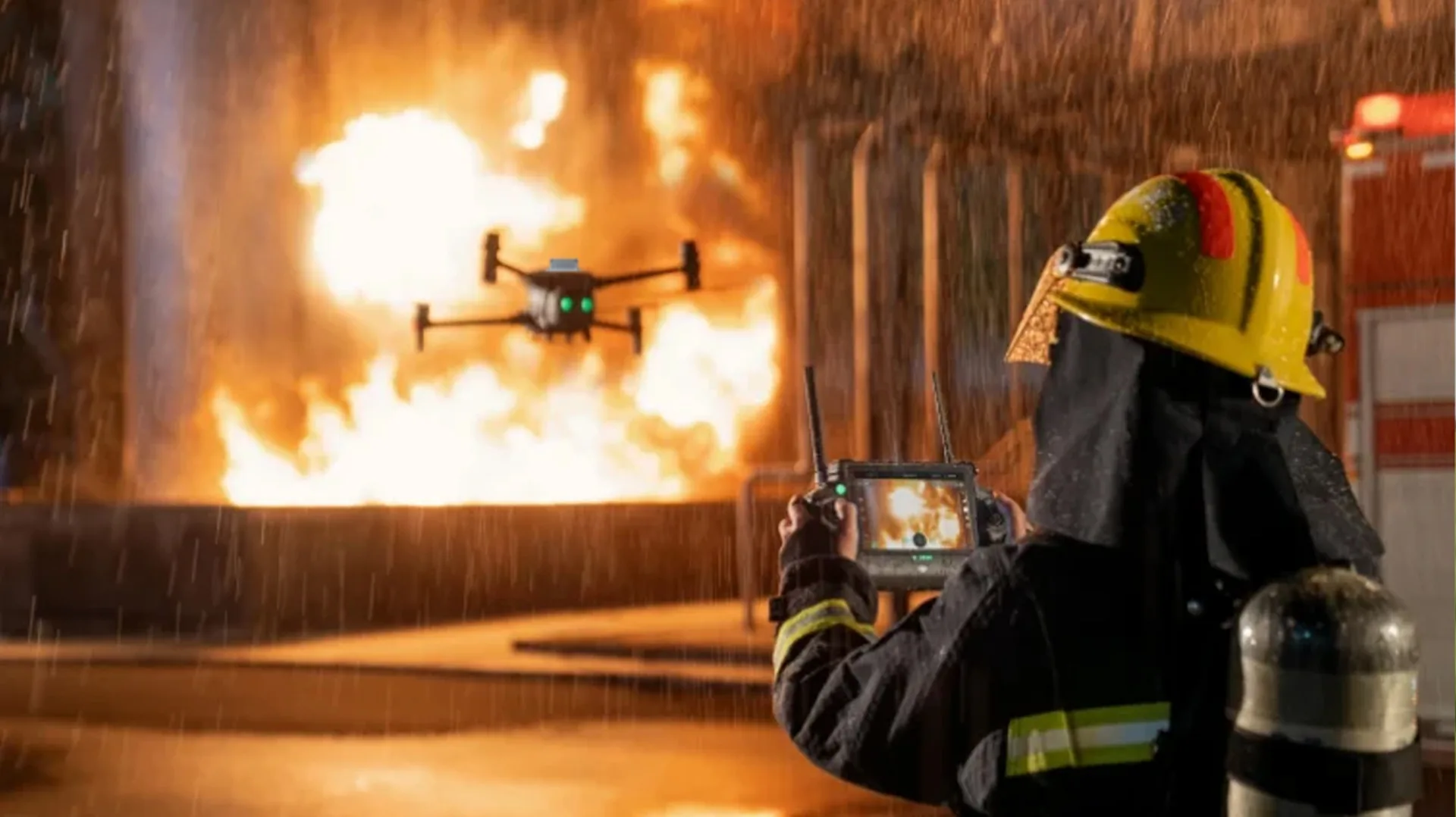 Emergency responder operating a drone near a fire scene